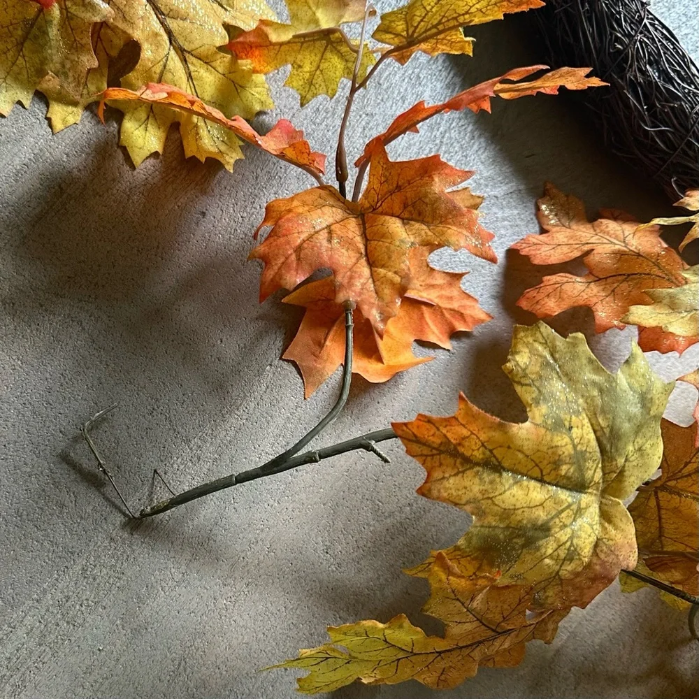 Autumn Orange & Yellow Oak & Maple Leaf Wreath with Shimmer -Fall Harvest Decor